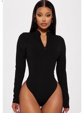 Long Sleeve Black Ribbed Zip-Front Bodysuit